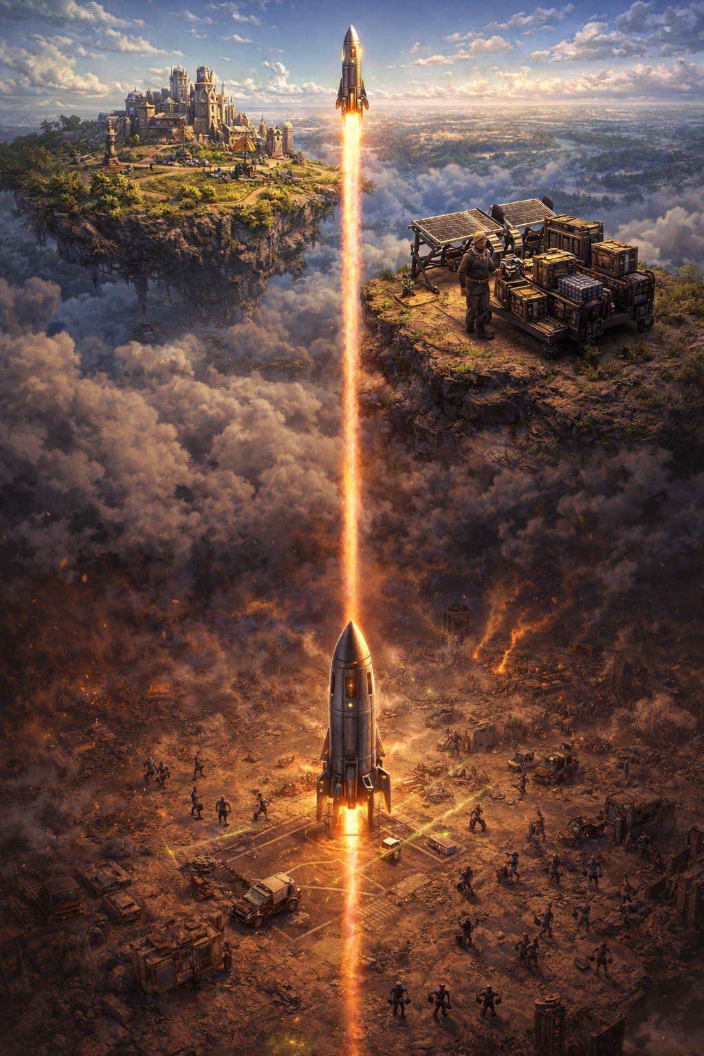 Cross-world rocket trade connecting floating islands to the Underworld economy